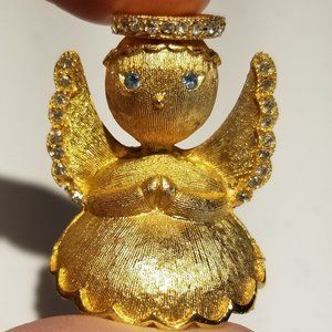Gold tone angel brooch blue eyes pin